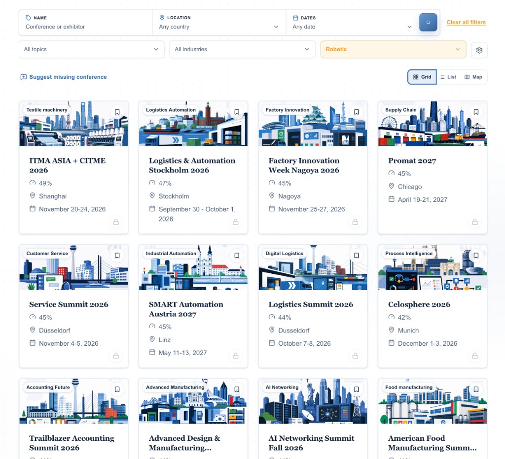 Conference Discovery showing event filters and a grid of scored manufacturing and logistics conferences